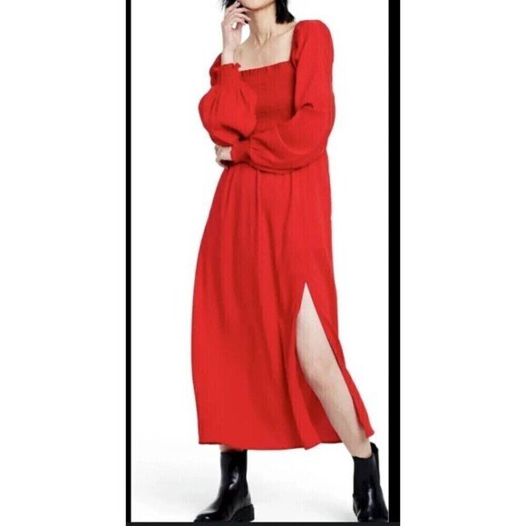 La Linge Square Neck Smocked Side Slit Fit & Flare Dress Red 2X Ballon Sleeve - Picture 5 of 11